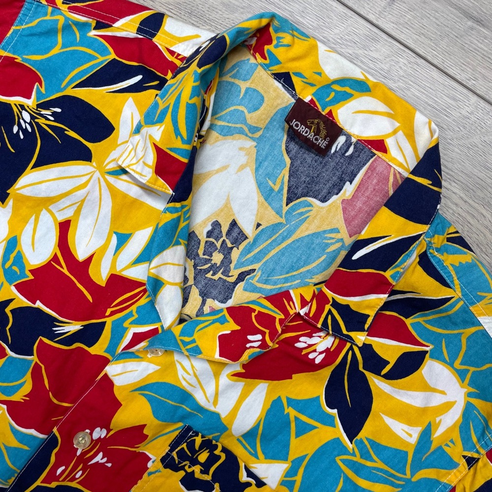 Jordache Button Up Shirt Mens Medium Yellow Floral Short Sleeve Cotton Vintage